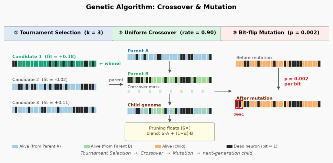 Diagram of the genetic algorithm: tournament selection, uniform crossover and bit-flip mutation